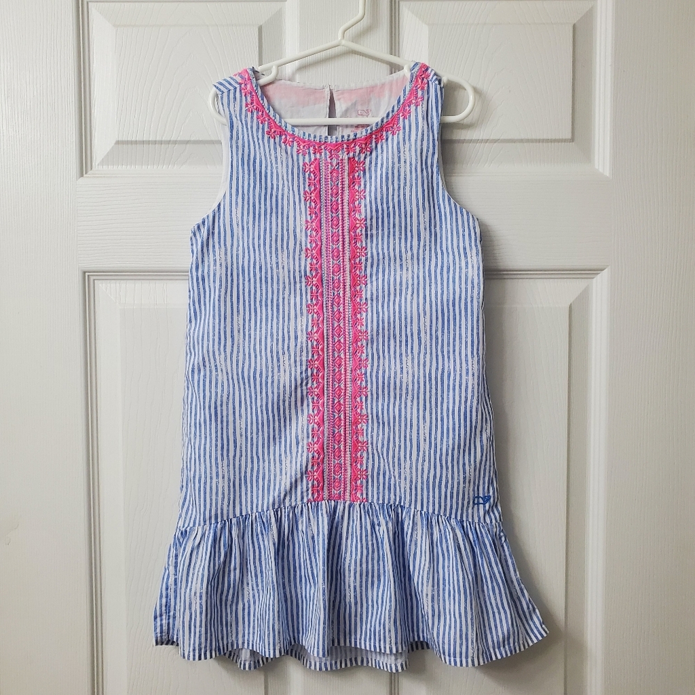 Vineyard Vines Girls Sunbleached Blue Striped Pink Embroidered Dress Size 7